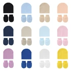 Детские вязаные хлопковые перчатки с защитой от царапин + шапочка для новорожденных, теплые варежки с шапочкой