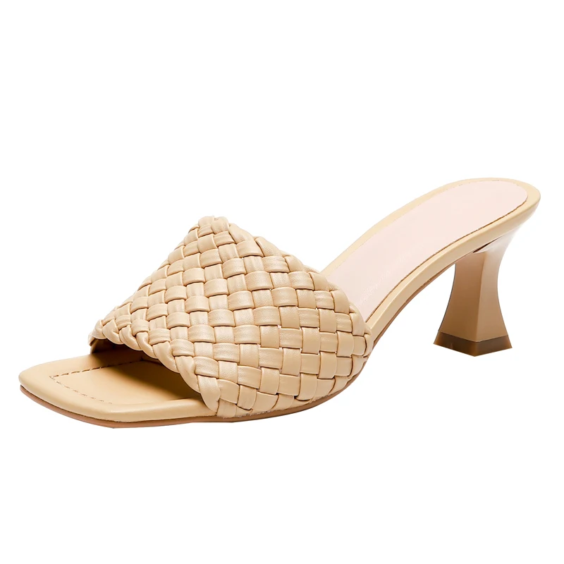 

New Summer Women Outside Slippers Sexy Fake Leather Hoof heel Shoes Fashion Braid Red Apricot Beige Square Toe Mules Slieds M027