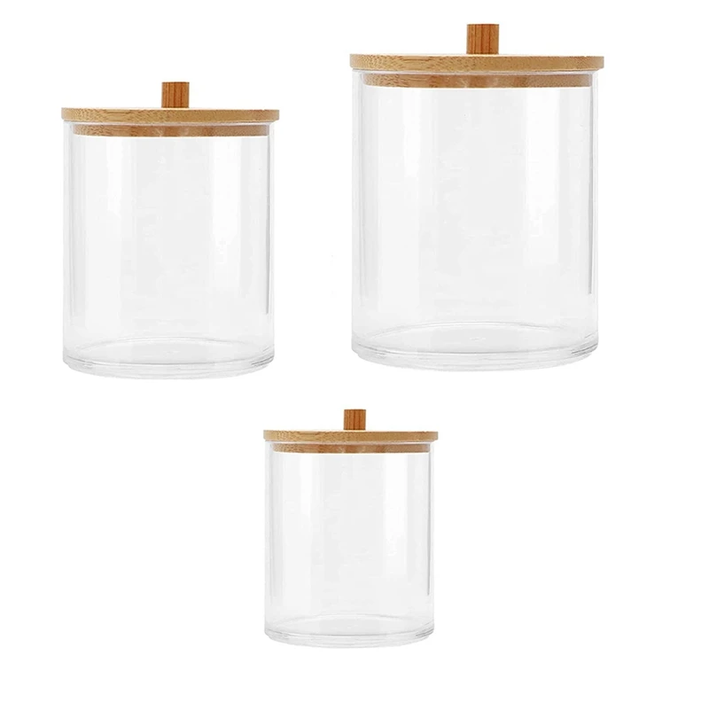 

3 Pack Acrylic Holder Dispenser Bathroom Jars with Bamboo Lids, Clear Cotton Ball Pad Round Swab Holder(S+M+L)
