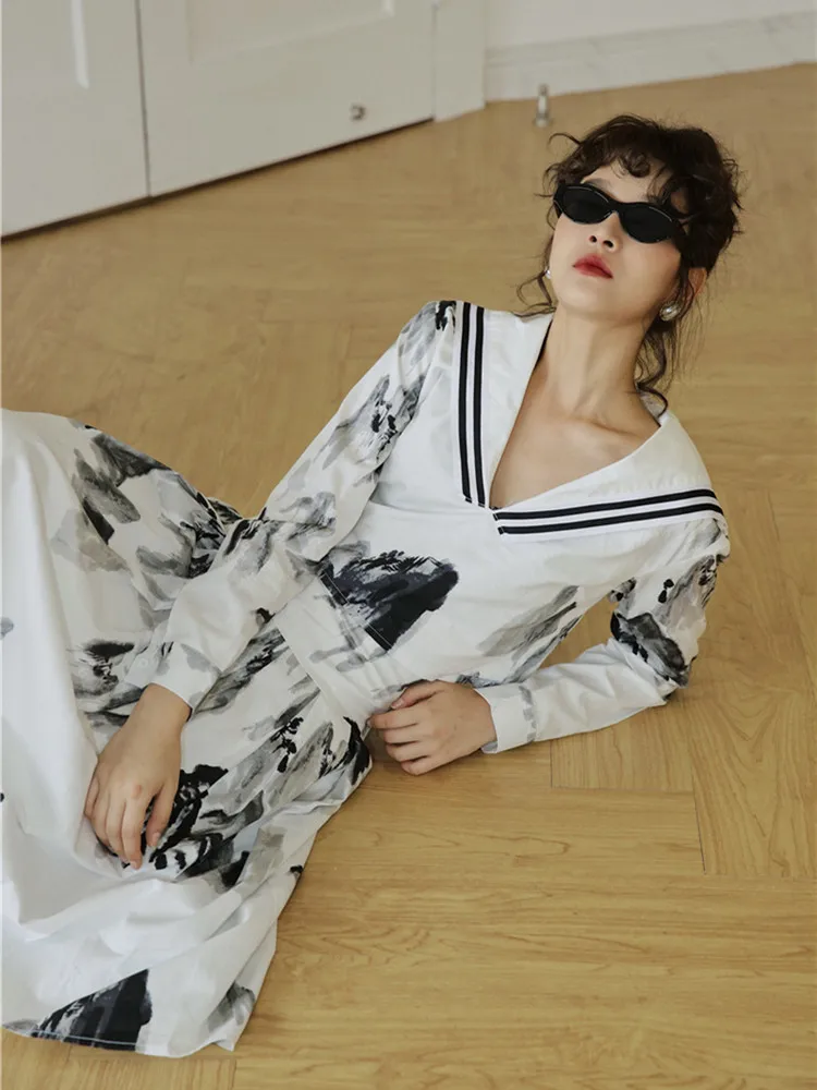 

BLLOCUE Ink Painting Fashion Designer Set JK Navy Short Top + Pleated Long Skirt Elegant Ladies Set