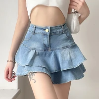 hot girl sexy high waist slimming ruffled blue denim skirt 2021 spring and summer new korean layered cake short skirt female