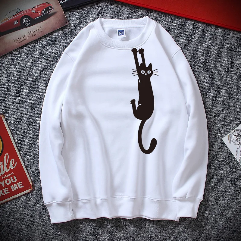 

Hanging Black Cat Print Hoodies Women Autumn And Winter Fleece Streetwear Pullover Sweatshirt