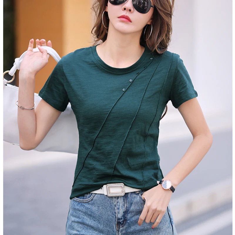 

LJSXLS Summer Short Sleeve Women's T-shirt Casual Cotton Tshirts Women Solid Loose Top Femme Coffee O-Neck Tee Shirt Female 2021