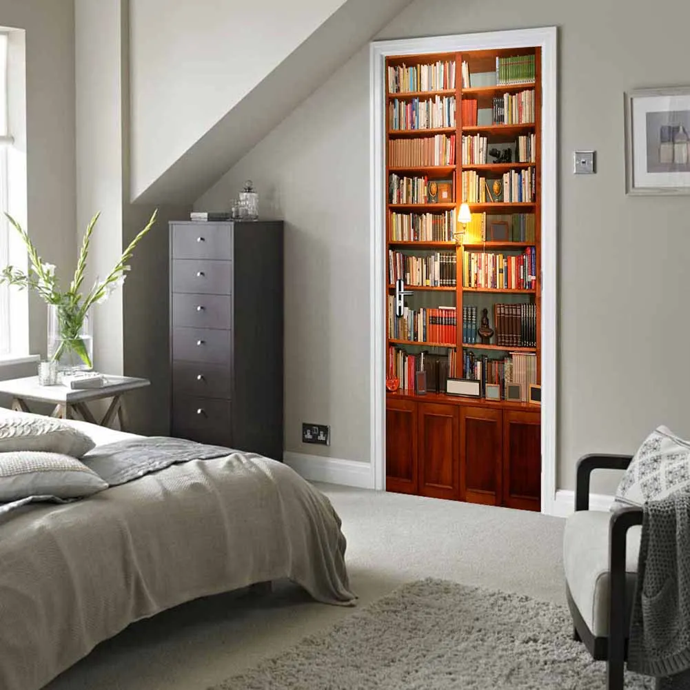 Retro bookcase self-adhesive renovation bedroom living room wall stickers dormitory door | Дом и сад