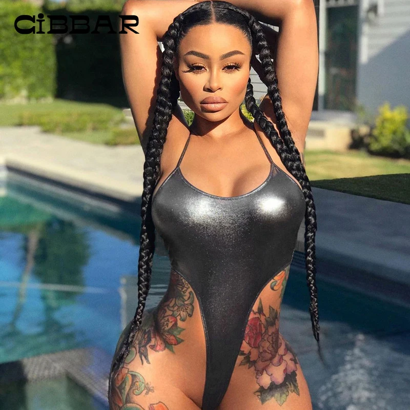 

CIBBAR Midnight Style Clubwear Pu Camisole Bodysuit Women Sexy Backless Sleeveless Solid Skinny Body Suit Partywear One Piece