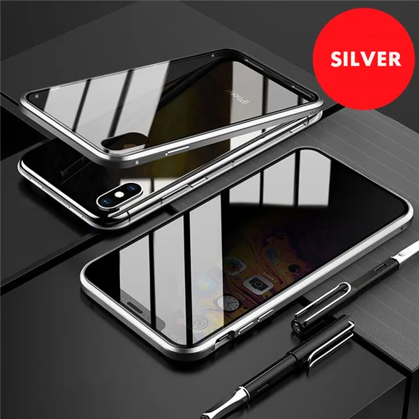 Silver 360 магнитный адсорбционный чехол для iPhone XS MAX XR X 7 8 6 6s Plus Передняя Задняя крышка из закаленного стекла полный защитный чехол на для айфон XS MAX X 8 Plus 7 6 6s плюс XR - Цвет: Silver
