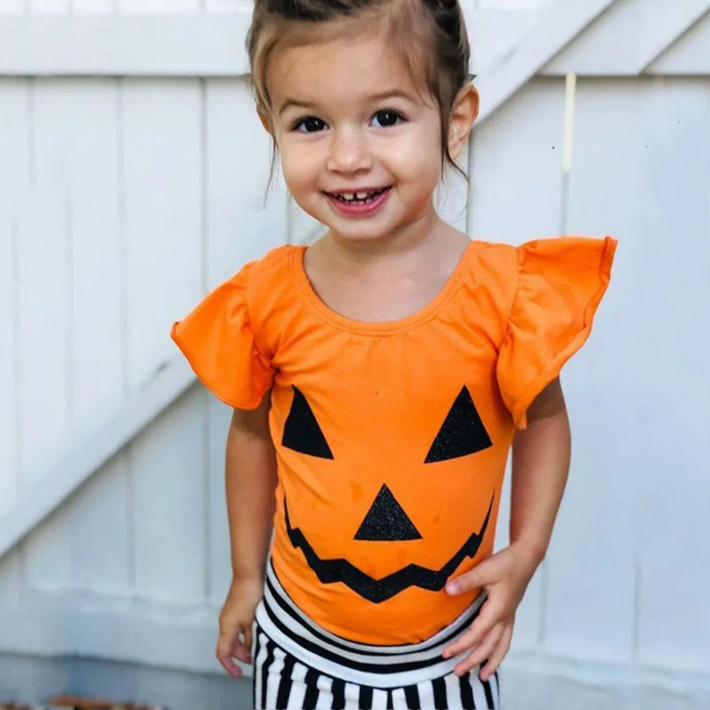 Детская футболка с тыквой на Хэллоуин для маленьких девочек + штаны в полоску