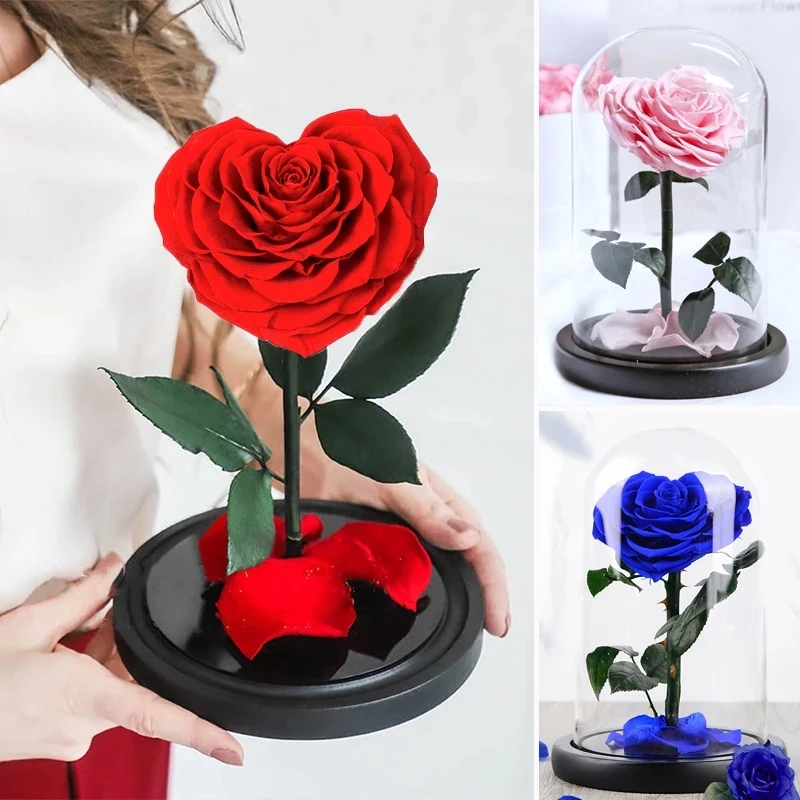

Heart Shaped Preserved Rose Beauty and The Beast Eternal Rose In Glass Dome Wedding Artificial Flowers Valentines Mothers Gift