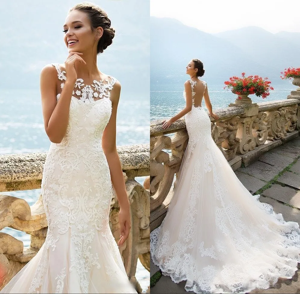 

Stunning Full Lace Mermaid Wedding Dresses Vintage 2020 Sleeveless Court Train Sheer Back Bridal Wedding Gowns For Bride