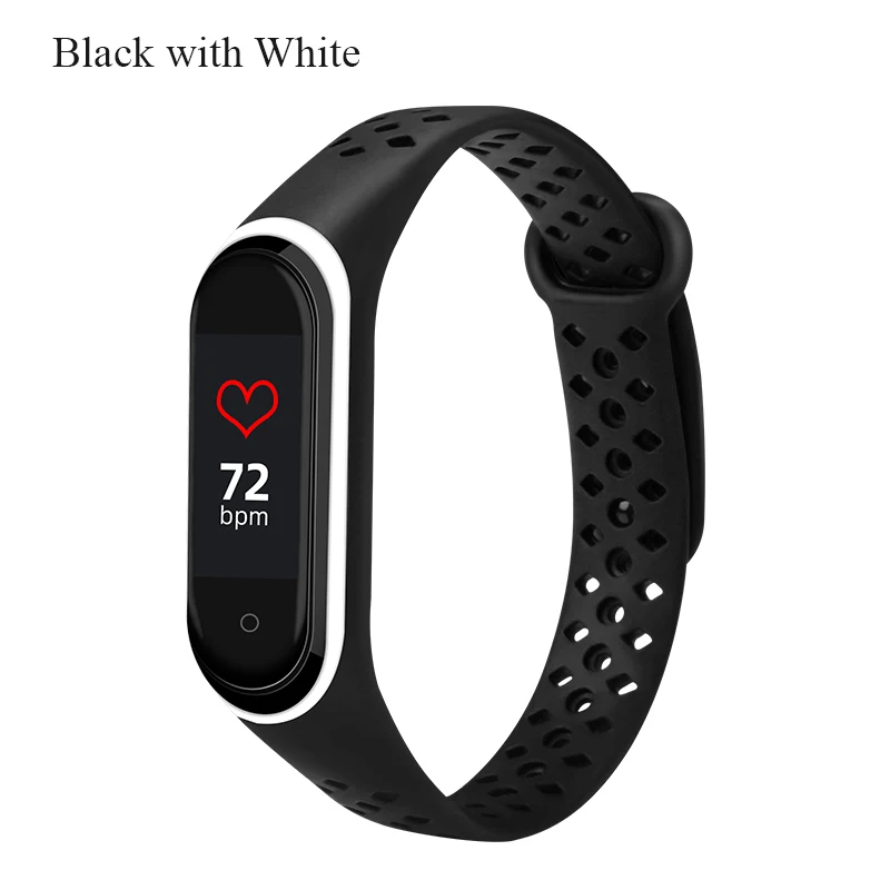 Black with white BOORUI mi band 4 ремешок силиконовый сменный для Xiaomi mi band 4 3 ремешок двойной цвет алмазное отверстие mi band 4 ремешок - Цвет: Black with white