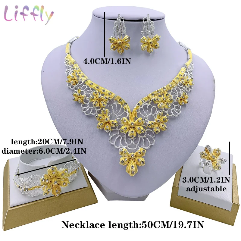 

Liffly Nigerian Elegant Women Flower Necklace Bracelet Party Earrings Ring Crystal Jewelry Bridal Wedding Jewelry Sets