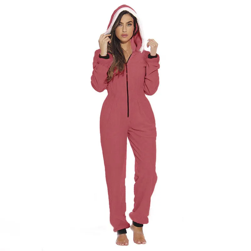 Christmas Day Home Plush Jumpsuit Jester Hat Front Zipper Long Sleeve Casual Loose Hooded Romper Women Overalls O8