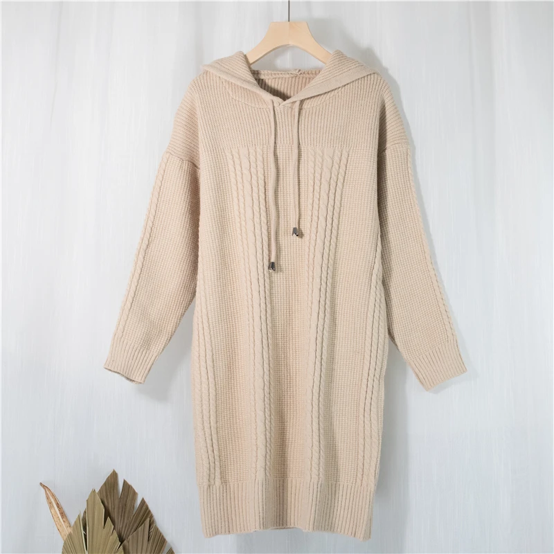 

Colorfaith New 2020 Autumn Winter Women Dresses Hooded Drawstring Korean Knitted Oversize Elegant Vintage Lady Dresses DR1063JX