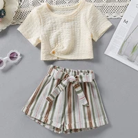 kids clothes girls 2022 summer nylon beige short sleeve shirtstriped shorts two pieces sets sweet cute baby clothing 2 6 year