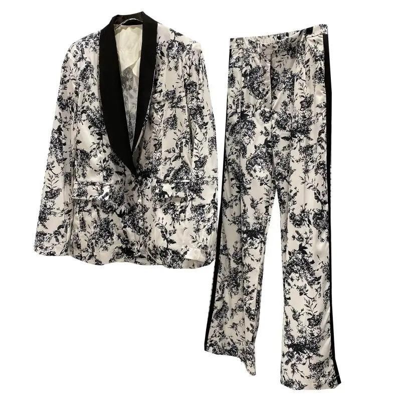

2021 Spring Women Two Piece Set New Flower Ink Pattern Suit Coat + Side Casual Pants 2 Piece Set