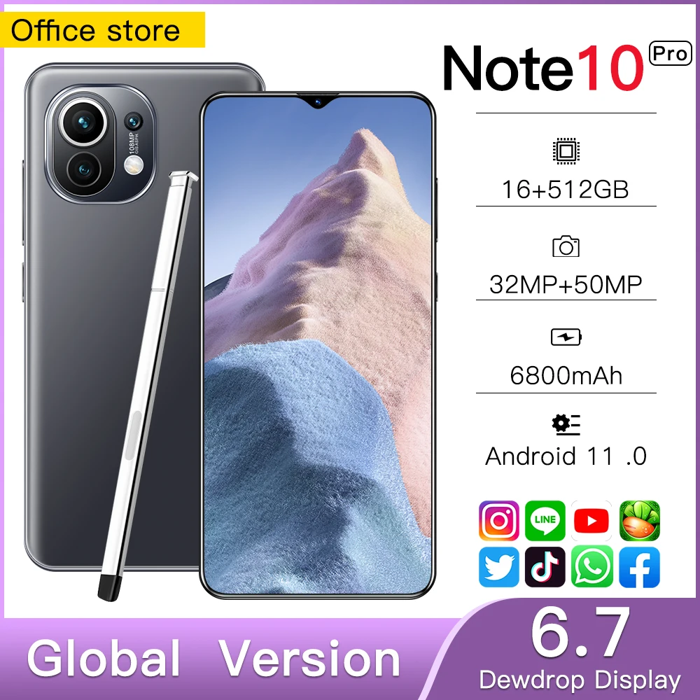 

Global Version Unlock Smartphone Note10 Pro 6.7" 16G+512G 6800mAh Battery Full Screen Android Phone 2021 Galaxy Google 5G Phone