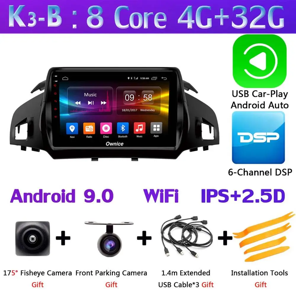 K3-B-CarPlay Панорамная камера 360 ° 4G SIM WiFi Android 9,0 4G+ 64G SPDIF DSP CarPlay Автомобильный плеер для Ford Kuga 2013- C-Max gps радио - Цвет: K3-B-CarPlay