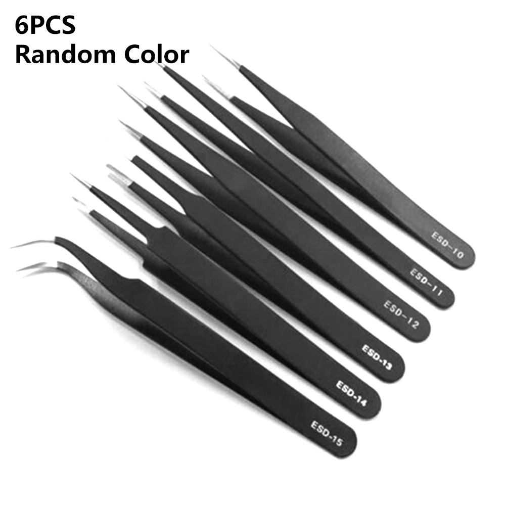 

6 Pcs Anti-static ESD Stainless Steel Tweezers Maintenance Tools Industrial Precision Curved Straight Tweezers Repair Tools