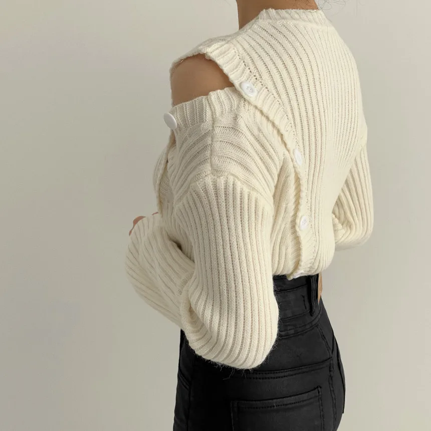 

Women Pullover Sweaters Chic O-neck One Shoulder Inclined Single-breasted Autumn Winter Full Sleeve Solid Jumpers Femme vs476