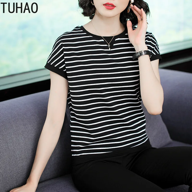 

TUHAO Women Summer Shirt Blouse Top Plus Size 4XL 3XL Blouses for Mother Mom Short Sleeve Striped Shirts Tops Large Size Clothes