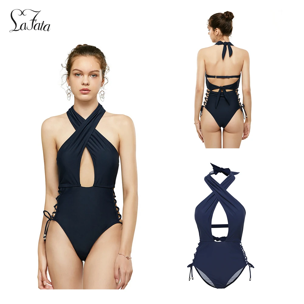

LaFata Women's One Piece Swimwear Front Crossover Swimsuits Hollow Bathing Suits Monokinis