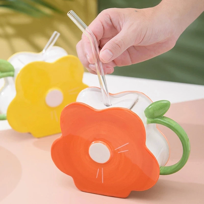 400мл ручная роспись кофейная чашка в форме цветка с трубочкой парная персонализированная кружка праздничный подарок для родственников и друзей.