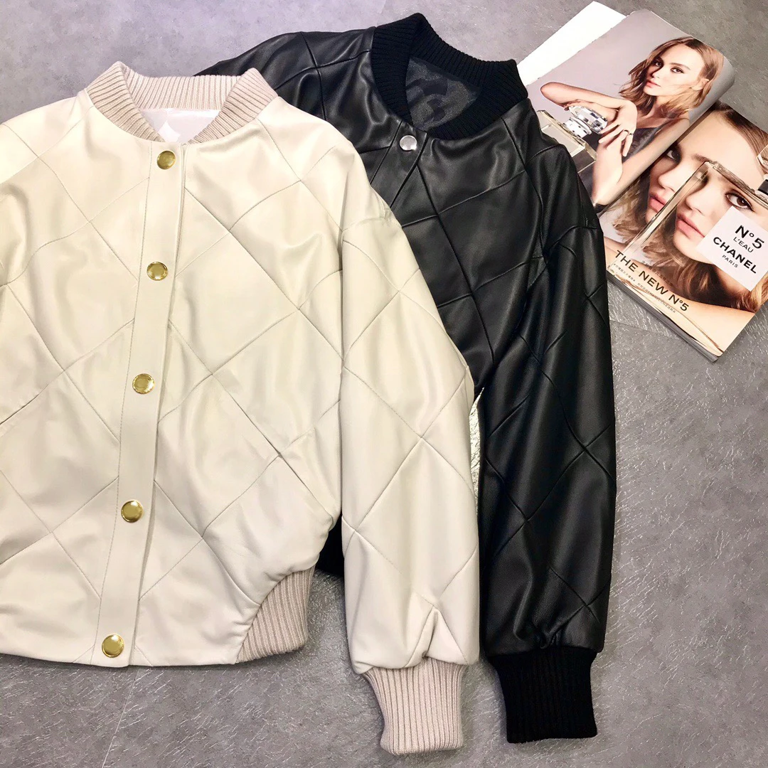 

Бейсбольная форма из овечьей кожи, импортная двухцветная Короткая кожаная куртка с воротником-стойкой, цвет черный и белый