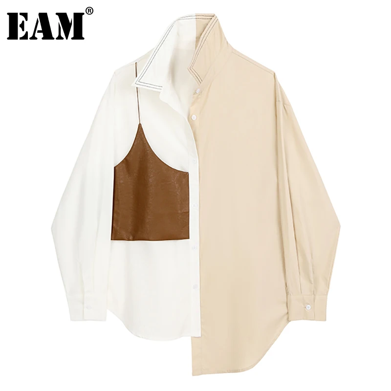 

[EAM] Женская блузка контрастных цветов цвета хаки большого размера, новая свободная рубашка с длинными рукавами и отворотом, модная весенне-...