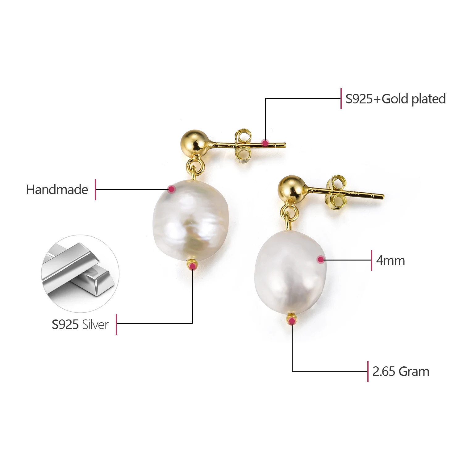 

Springlight Real Pure 925 Sterling Silver Baroque Freshwater Pearl Drop Earrings Elegant Dainty Wedding for Women Earring NEW