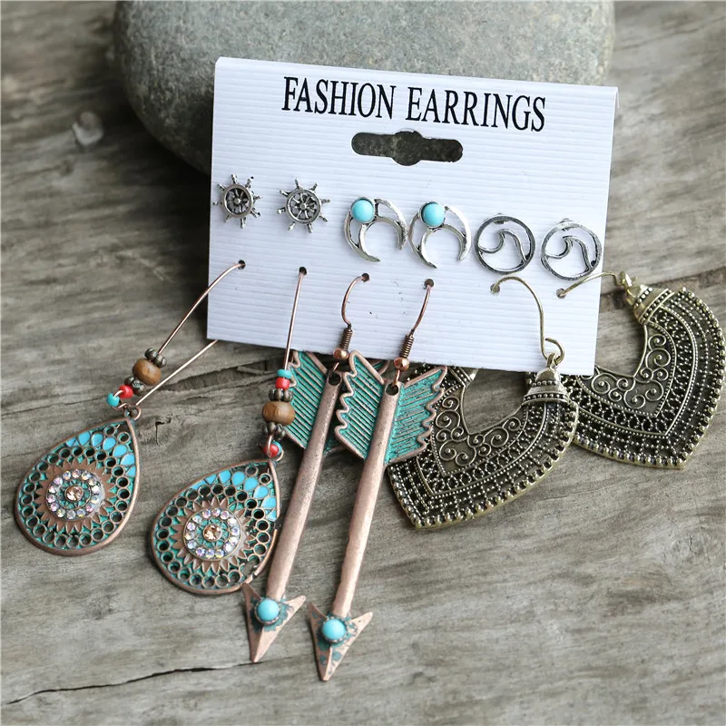 2020 New Ethnic Beads Drop Earrings Set For Women 6Pcs/Set Fearther Acrylic Metal Wood Dangle Earring Vintage Jewelry | Украшения и