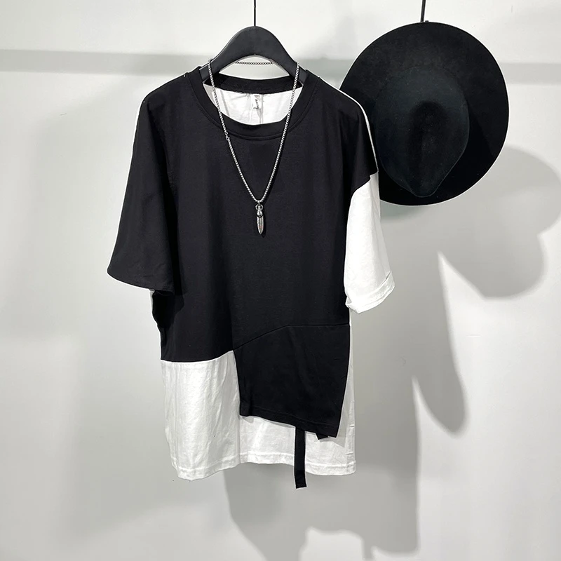 

Футболка мужская с коротким рукавом, двухкомпонентная строчка, свободная майка с поддельным участком темного цвета, уличный стиль, стиль хи...