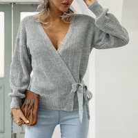 skin friendly trendy deep v neck women knitted top autumn winter short sweater casual for daily wear