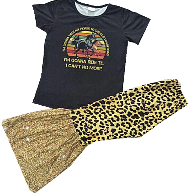 

Children's black short-sleeved fashion shirt horse print, leopard wide-leg casual pants suit