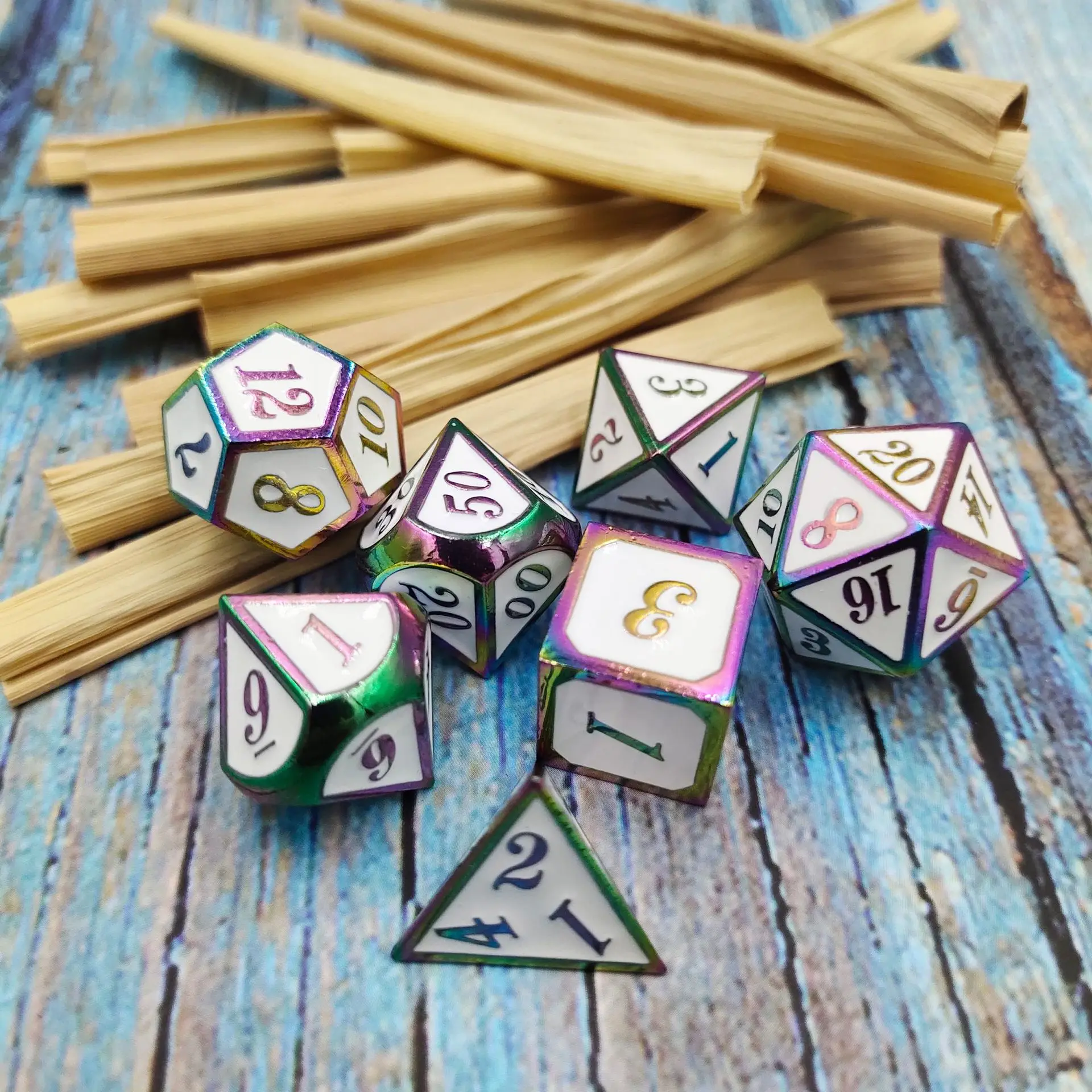 

Colorful Laser Metal Dice 7pcs Polyhedral Set Toy Card Role Playing Board Game Cosplay Digital Luxury Party MTG Pathfinder DND