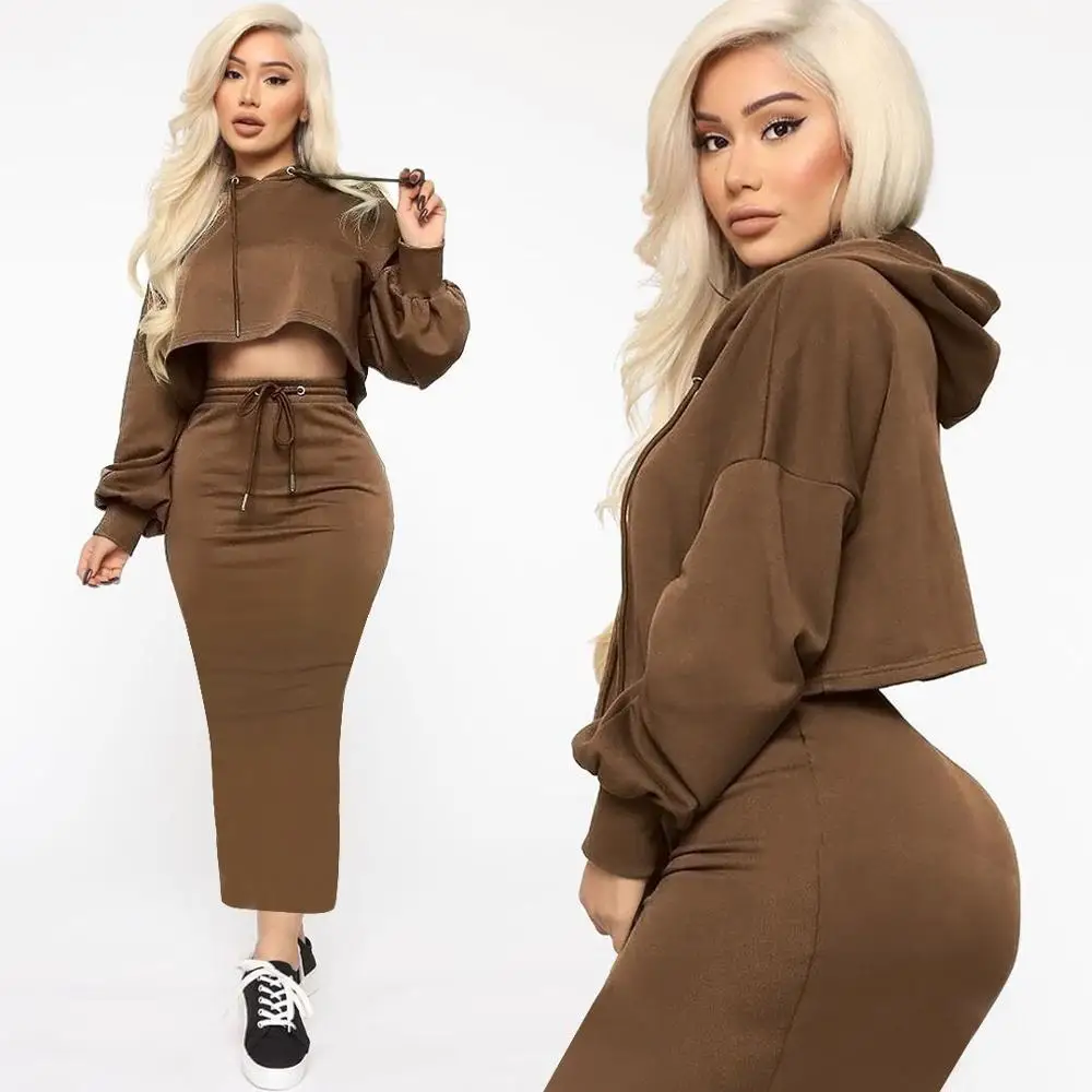 

Autumn 2020 Women's Set Long Sleeve Hooded Loose Crop Tops and Drawstring Bodycon Maxi Skirts Autumn Winter Casual Two Piece Set