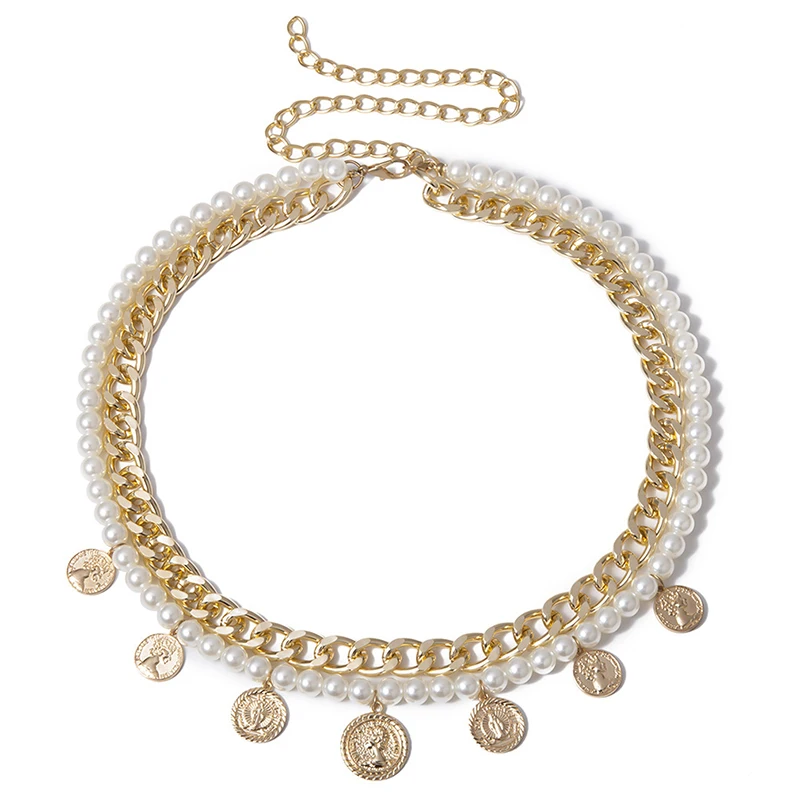 Женский тонкий ремень с бахромой длинная металлическая цепочка жемчугом и