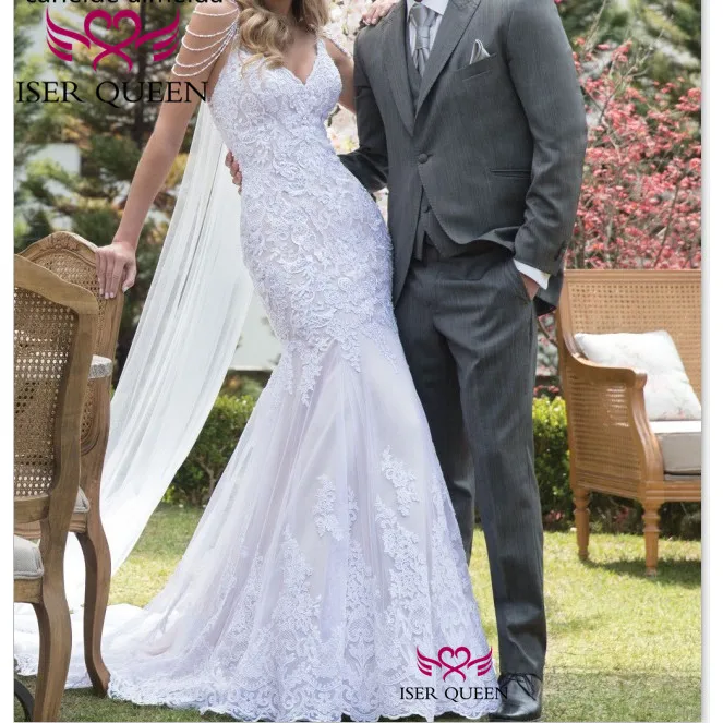 Свадебные платья русалки с v-образным вырезом и рукавами-крылышками Белое