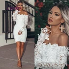 Сексуальное Белое Кружевное короткое коктейльное платье с длинным рукавом, женское строгое платье для выпускного вечера, полустрогое платье