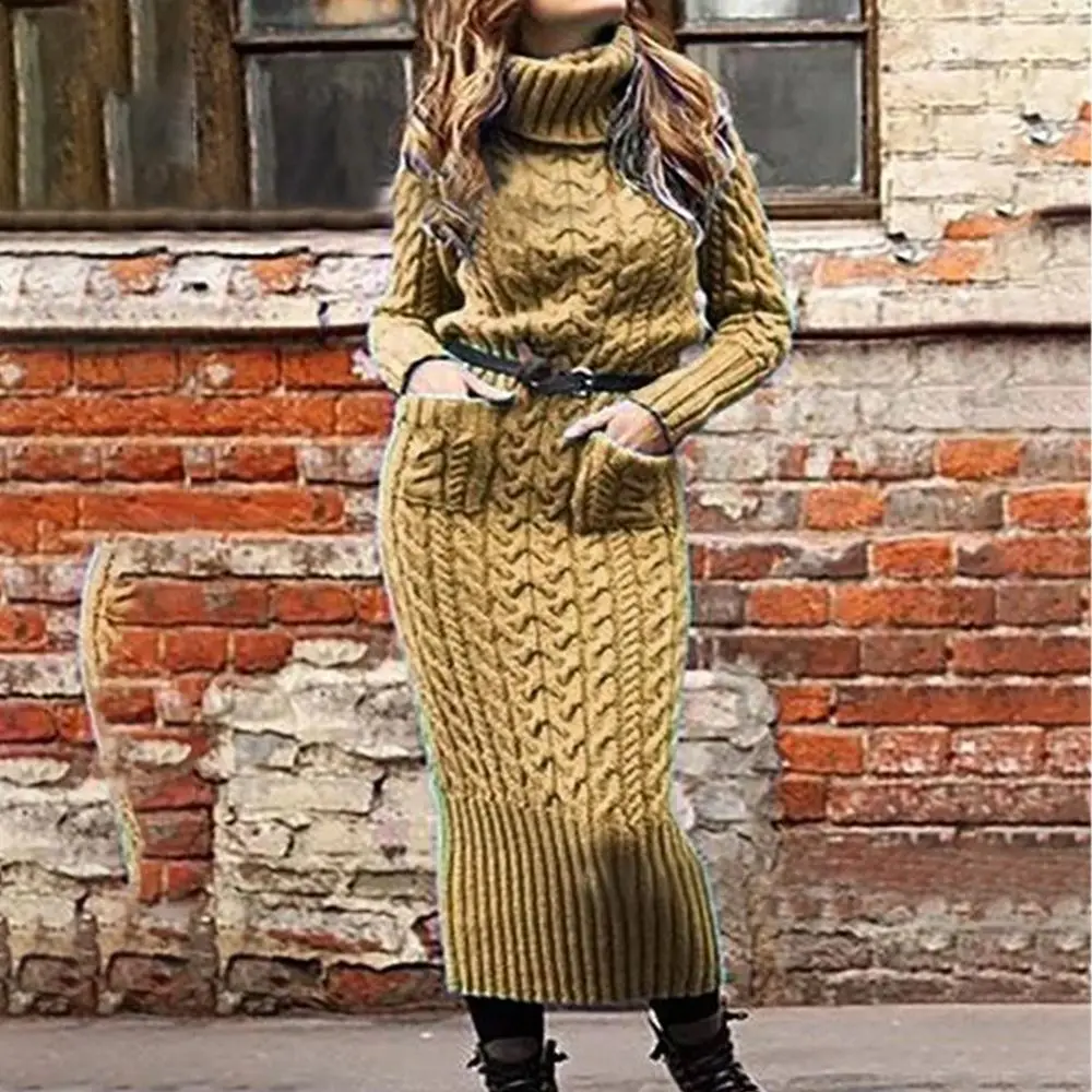 LASPERAL Women Winter Sweater Knitted Long Dress Slim Elastic Turtleneck Sleeve Sexy Lady Bodycon Robe Knit Dresses | Женская одежда