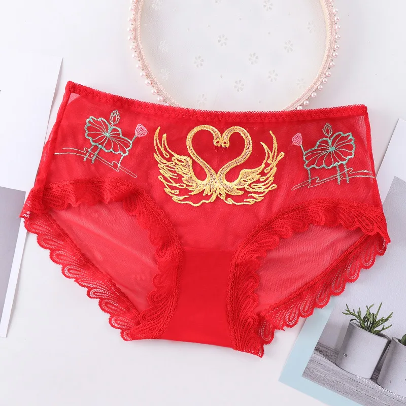 Кружевные сексуальные прозрачные кружевные сетчатые трусики с вышивкой лебедя