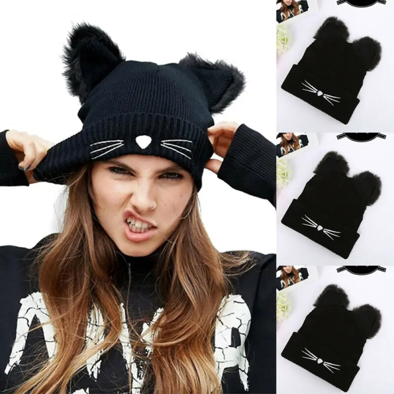 Забавная новинка кошачьи ушки женская вязаная шапочка акриловая теплая зимняя