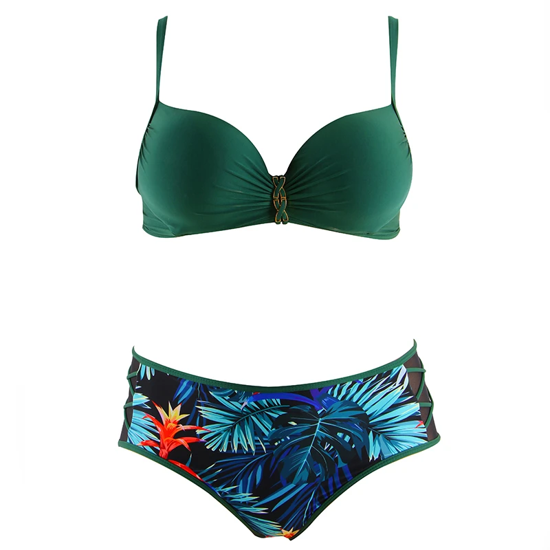 

Plus Size Bikini Set 2021 New Arrival Push Up Solid Color Bandeau Printed Leaf Mesh Pants Split Swimsuit for Women K