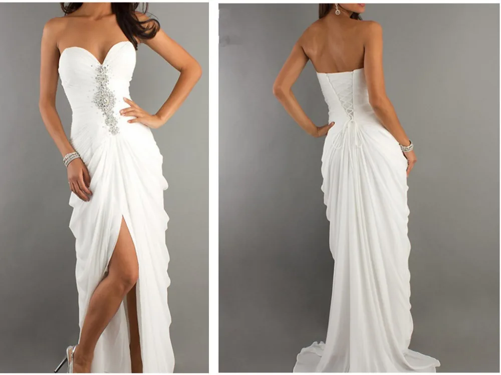 

Elegant 2019 White Prom Dresses Long with Crystals Beaded vestido de festa Sweetheart Chiffon Front Slit Evening Party Dress