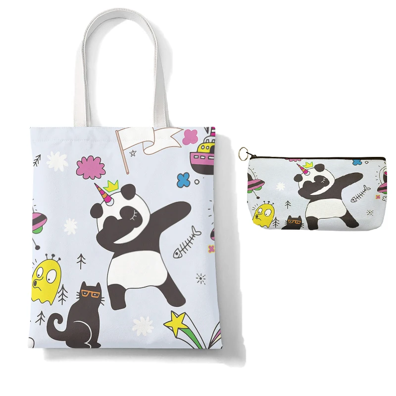 2 PCS Cute Panda Printed Toiletry Bag Makeup Bag ECO Shopping Bag Cosmetic Bag Set for Women Combination Gifts Organizer Bag