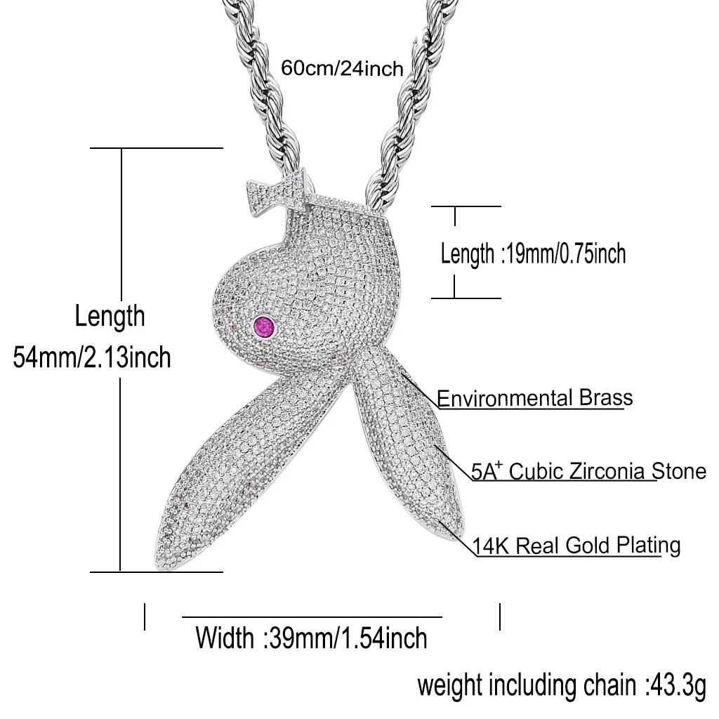 

AZ Hip Hop Iced Out Cubic Zircon Rabbit Head Pendant Necklace With Bling Stone Miami Cuban Chain Link Choker Free Shipping