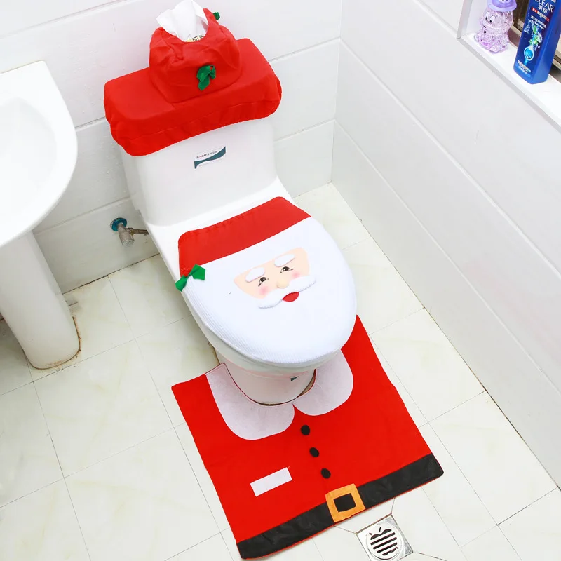 3pcs set christmas santa claus toilet seat cover rug home decoration christmas toilet lid case bathroom mat xmas decorative gift free global shipping
