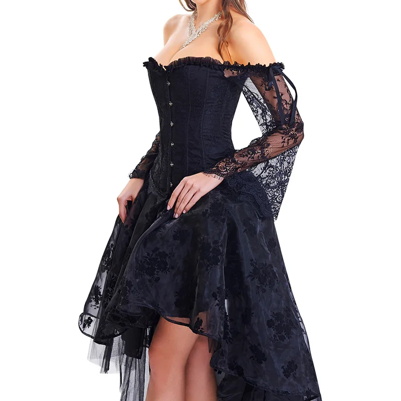 Sexy Black Gothic Dress Long Sleeve Lace Red Bustier Set Steampunk Court Corset Clothing 2020 Women Slim Party Club Palace | Женская