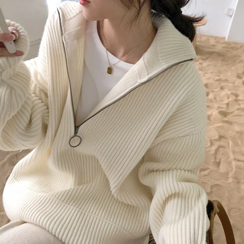 

Pit Stripes Cashmere Sweaters Women Loose Casual Knited Pullovers Ladies 2021 Winter Zipper Turn-down Collar Thick Jumper