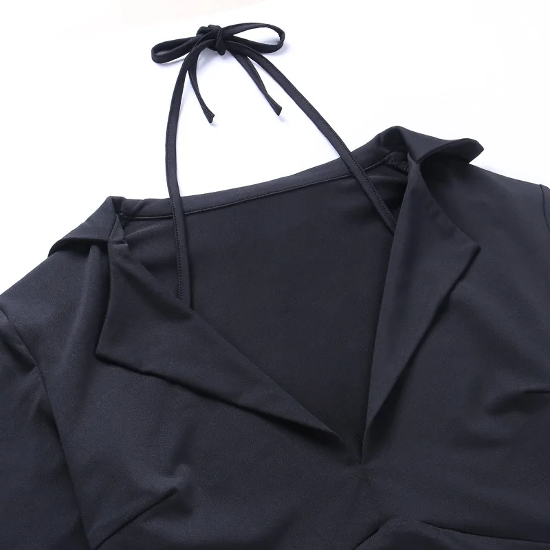 

BacklakeGirls Women Lapel V Neck Long Sleeve Hang Finger Slim Cocktail Dress Black Straps Party Mini Bodycon Plus Size Vestidos