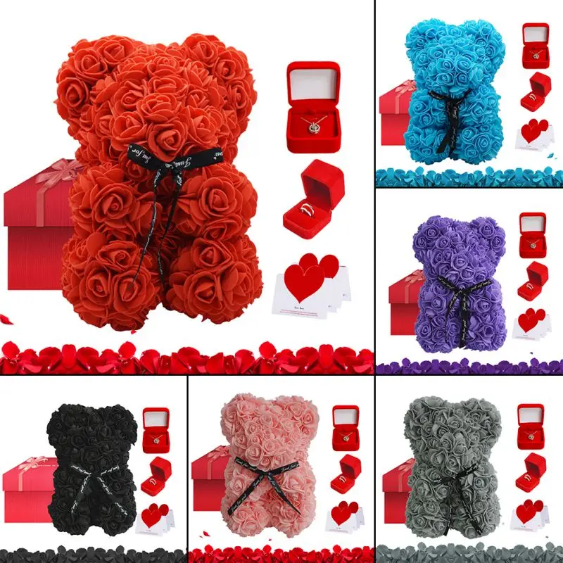 

25cm Soap Foam Teddi Bear Rose Flower Artificial New Year Gifts for Women Girl Valentines Gift with 100 Languages Necklace/